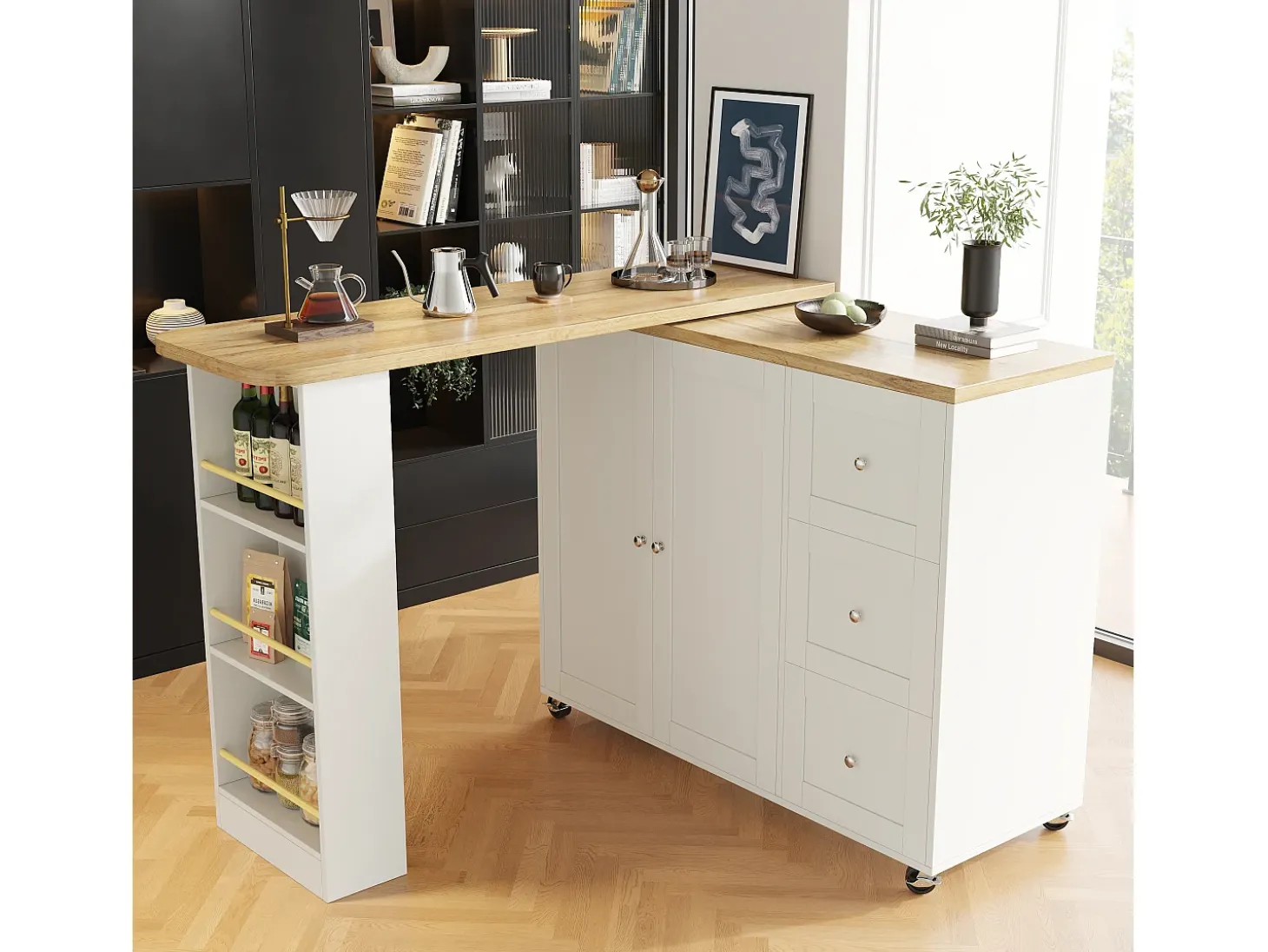 Aparador、Móvel bar giratório - MDF - 3 gavetas e 2 portas - Branco