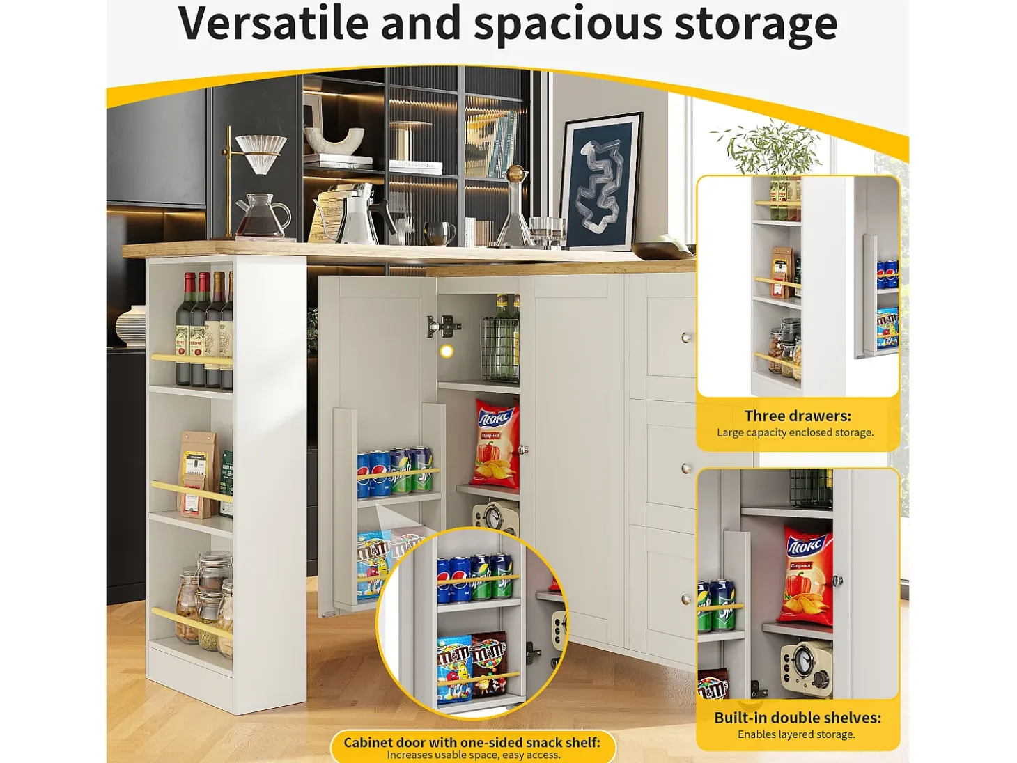 Aparador、Móvel bar giratório - MDF - 3 gavetas e 2 portas - Branco
