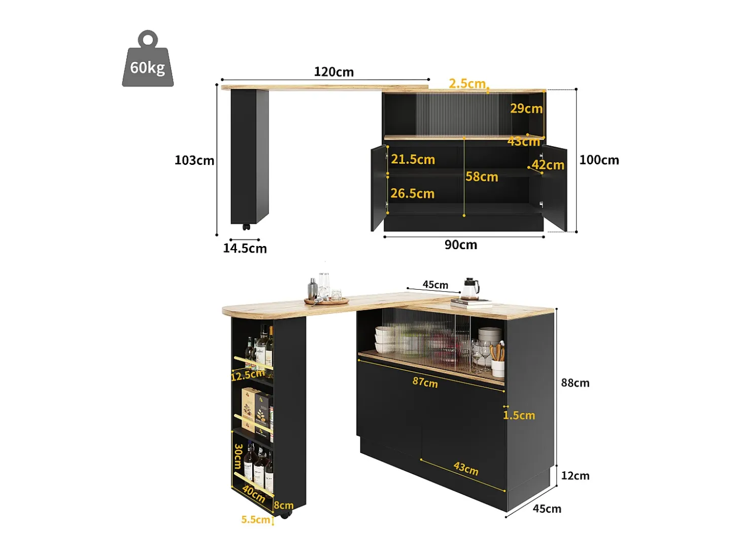 Aparador、Móvel de bar giratório e retrátil em MDF - amplo espaço de arrumação - estilo contemporâneo - Preto