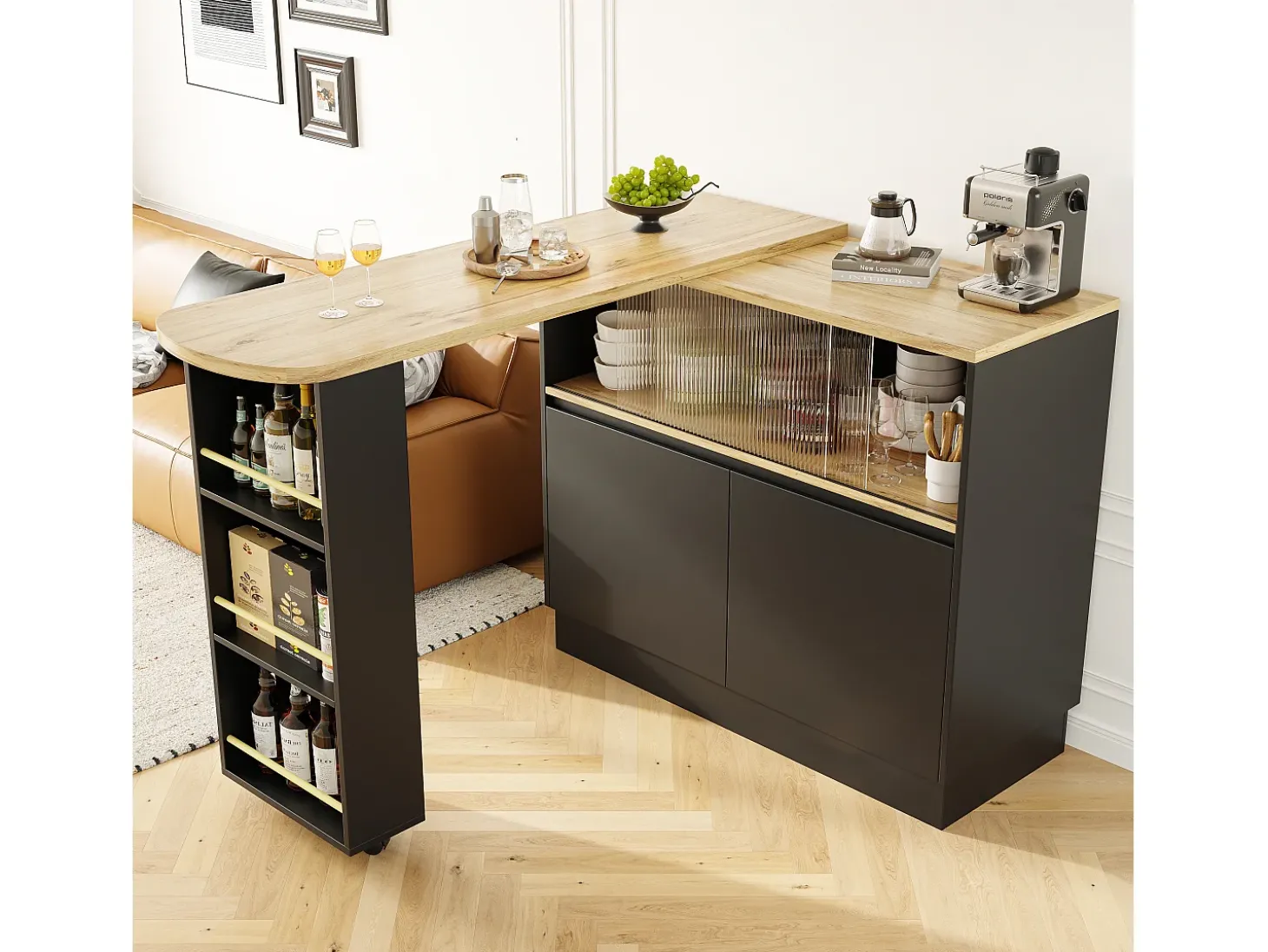 Aparador、Móvel de bar giratório e retrátil em MDF - amplo espaço de arrumação - estilo contemporâneo - Preto