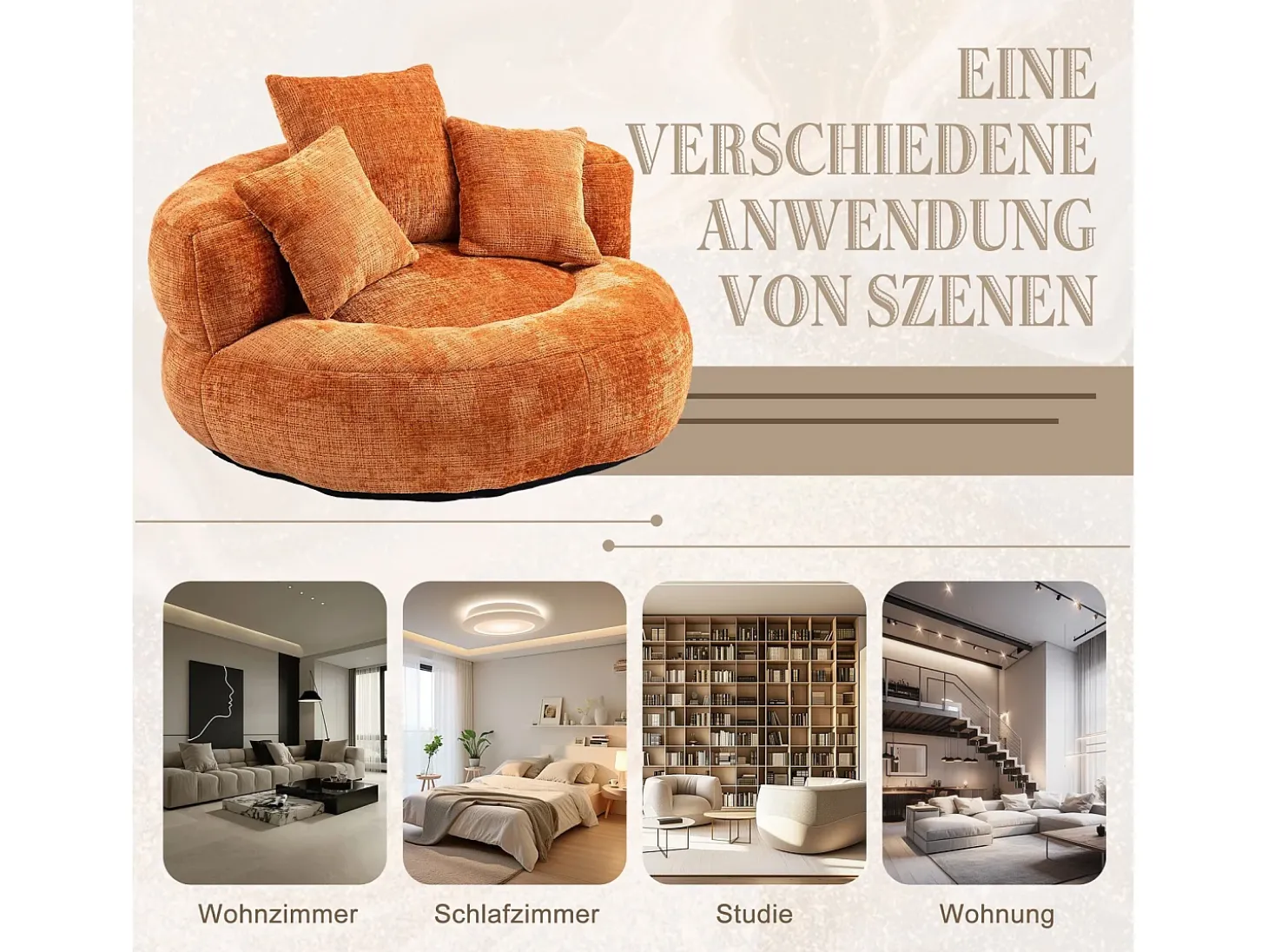Armchair Pouf Pouf - tecido de lagarta laranja - com 3 travesseiros - Max 250kg Load - 108x108x52cm