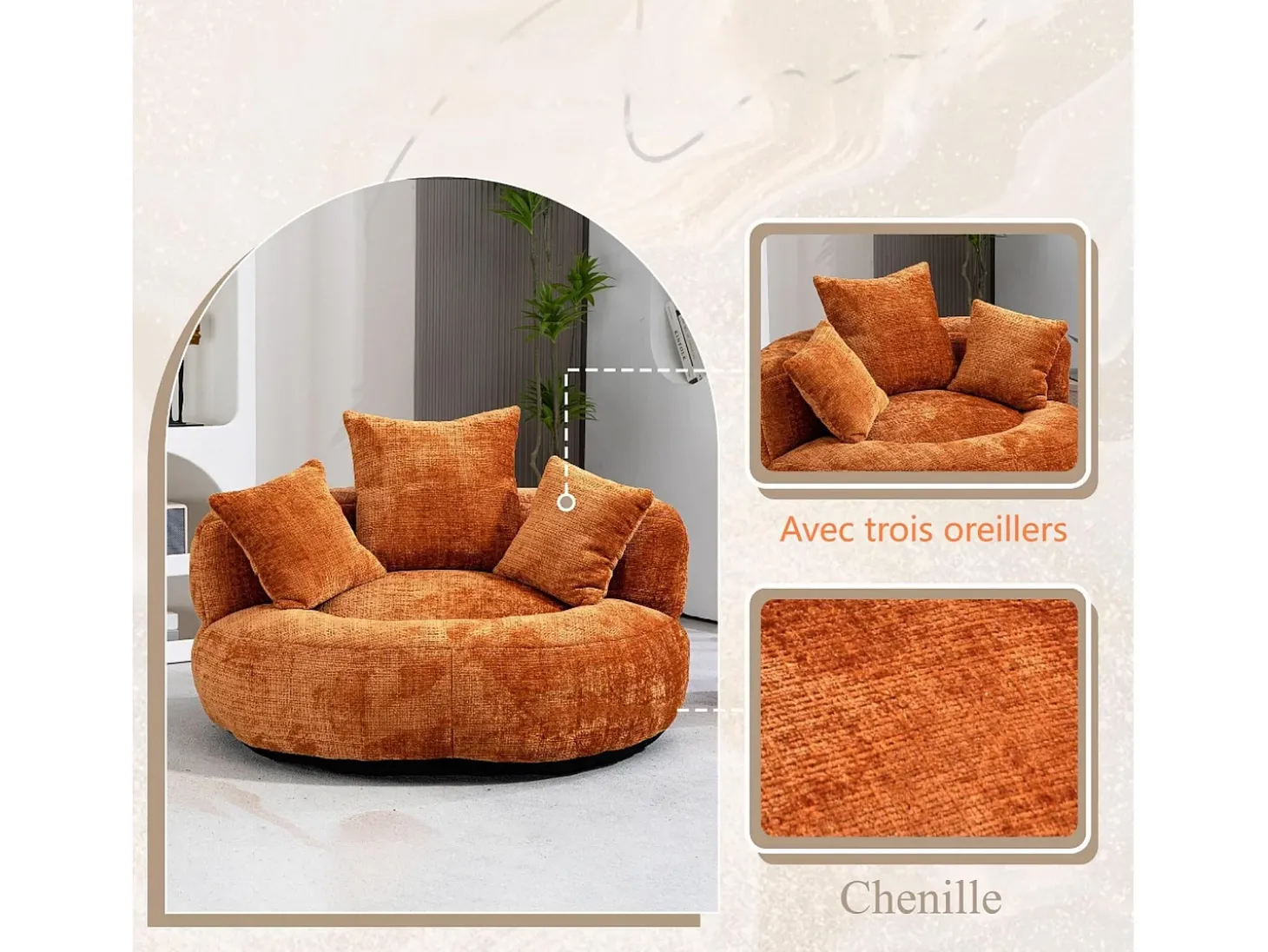Armchair Pouf Pouf - tecido de lagarta laranja - com 3 travesseiros - Max 250kg Load - 108x108x52cm