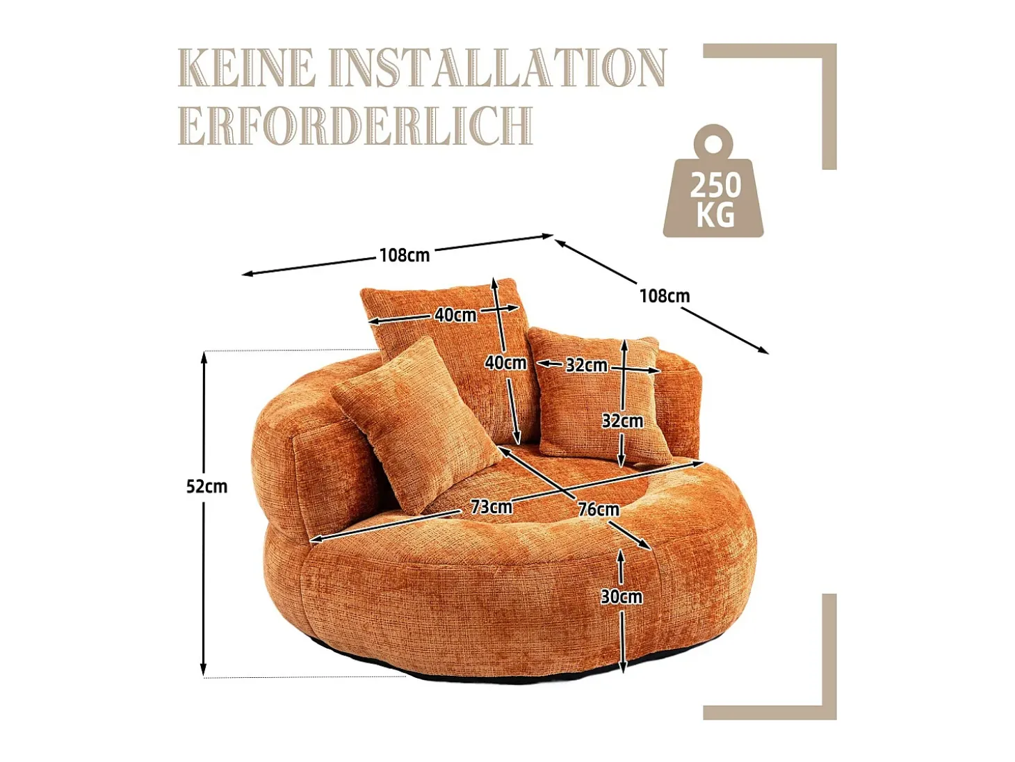 Armchair Pouf Pouf - tecido de lagarta laranja - com 3 travesseiros - Max 250kg Load - 108x108x52cm