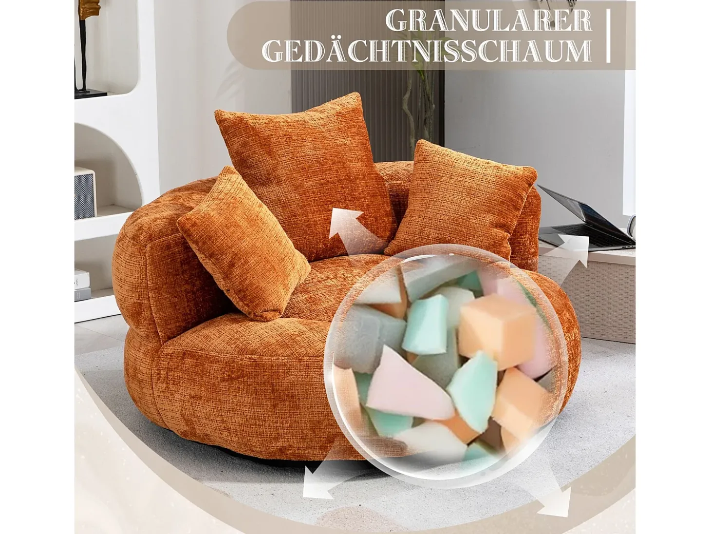 Armchair Pouf Pouf - tecido de lagarta laranja - com 3 travesseiros - Max 250kg Load - 108x108x52cm