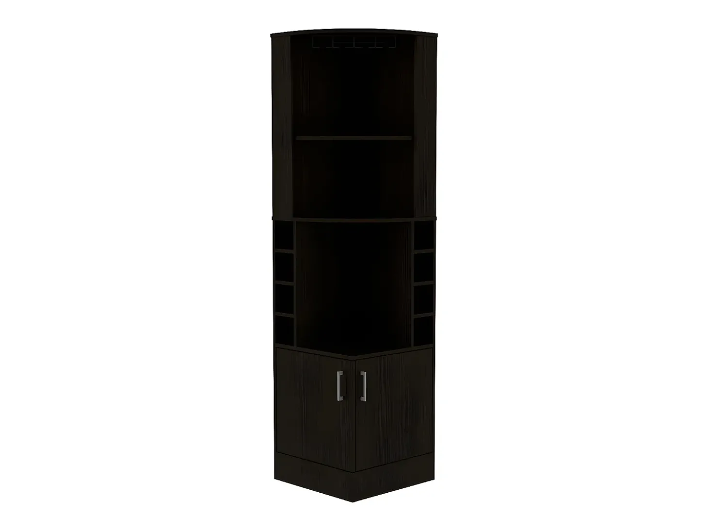 Armário bar de canto Syrah em melamina com quatro prateleiras, oito prateleiras para garrafas e suporte para copos, 180.6 X 46.9 X 46.9 cm , Preto