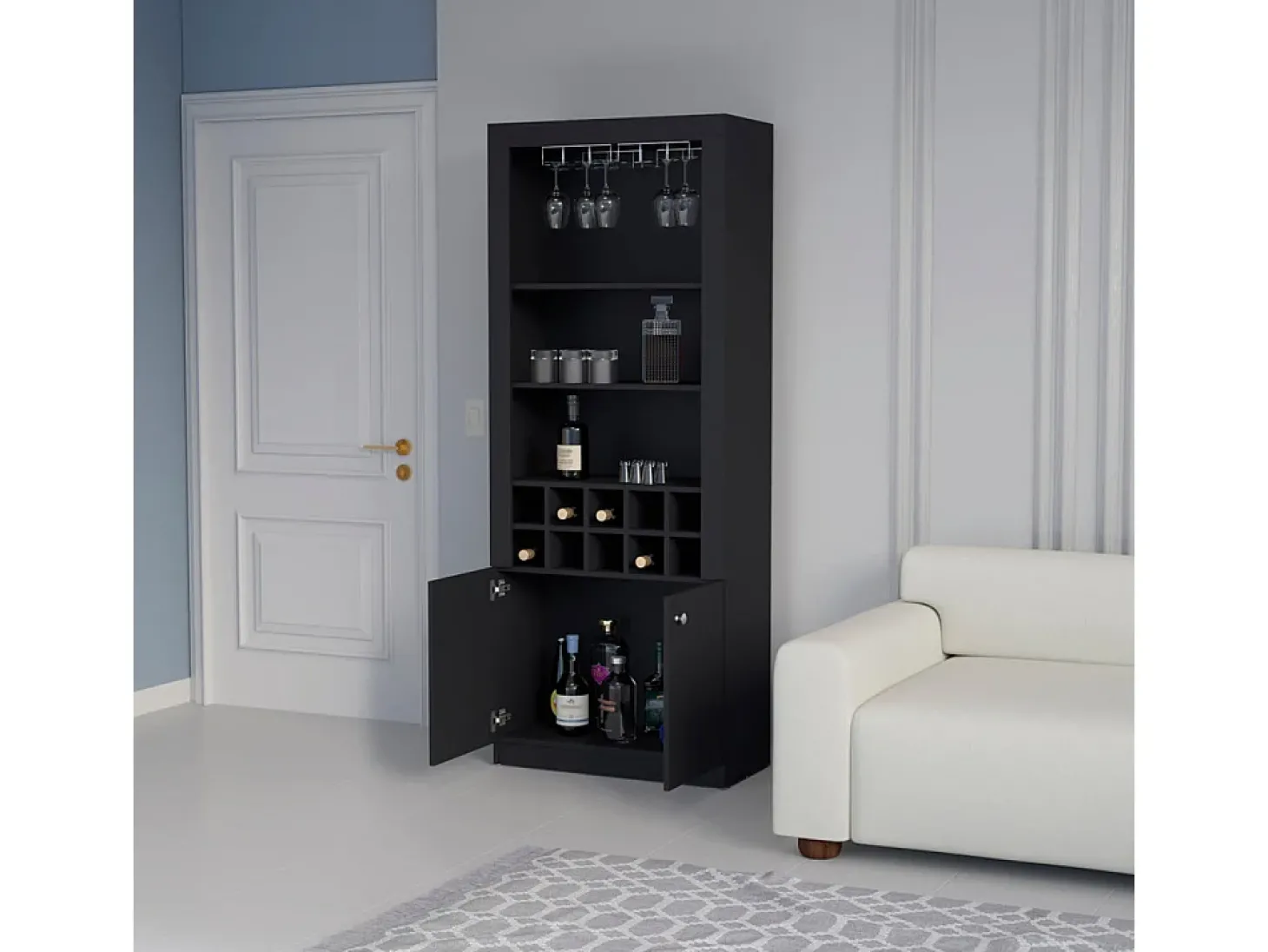 Armário bar em melamina Nebo com 4 prateleiras, 2 portas, 10 suportes para garrafas e 8 suportes para copos, preto, 190 cm X 75 cm X 36.5 cm