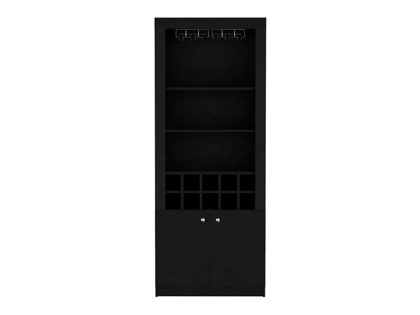 Armário bar em melamina Nebo com 4 prateleiras, 2 portas, 10 suportes para garrafas e 8 suportes para copos, preto, 190 cm X 75 cm X 36.5 cm