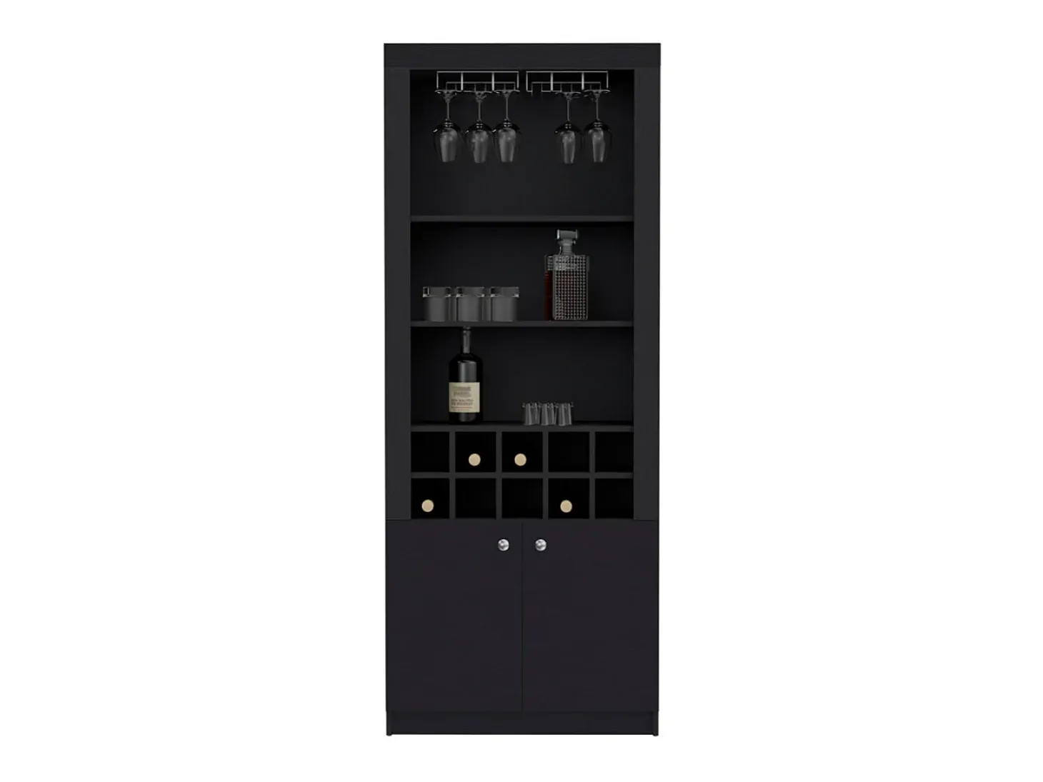 Armário bar em melamina Nebo com 4 prateleiras, 2 portas, 10 suportes para garrafas e 8 suportes para copos, preto, 190 cm X 75 cm X 36.5 cm