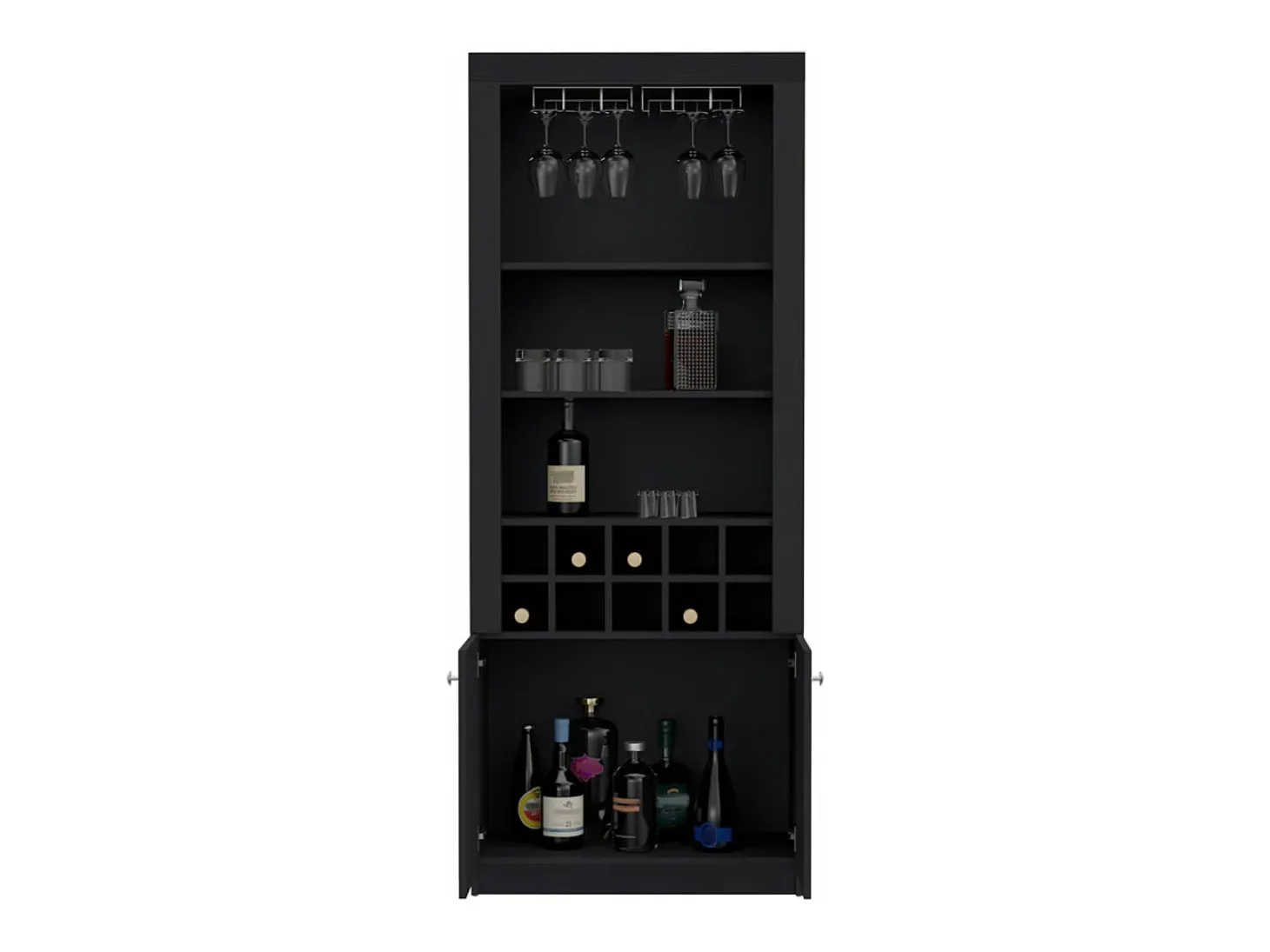 Armário bar em melamina Nebo com 4 prateleiras, 2 portas, 10 suportes para garrafas e 8 suportes para copos, preto, 190 cm X 75 cm X 36.5 cm