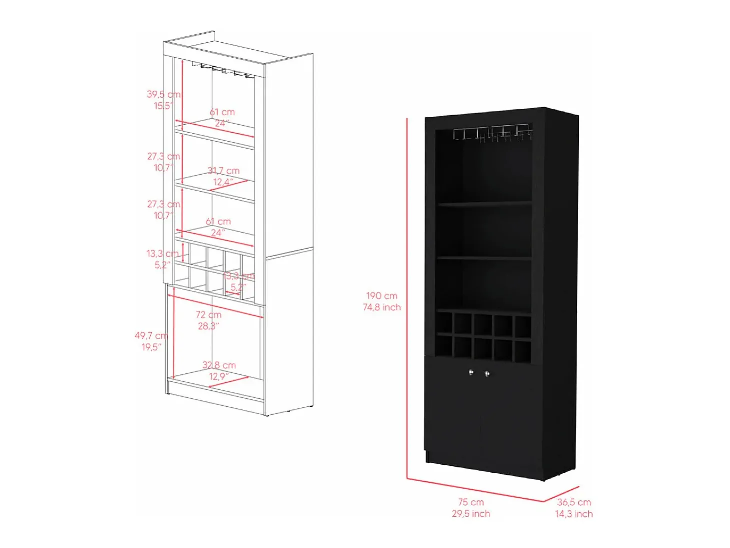 Armário bar em melamina Nebo com 4 prateleiras, 2 portas, 10 suportes para garrafas e 8 suportes para copos, preto, 190 cm X 75 cm X 36.5 cm