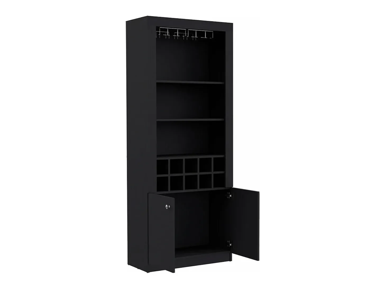 Armário bar em melamina Nebo com 4 prateleiras, 2 portas, 10 suportes para garrafas e 8 suportes para copos, preto, 190 cm X 75 cm X 36.5 cm