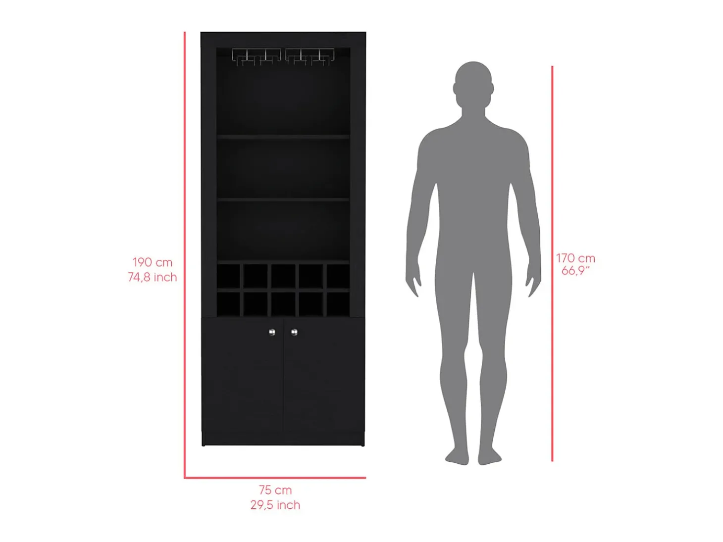 Armário bar em melamina Nebo com 4 prateleiras, 2 portas, 10 suportes para garrafas e 8 suportes para copos, preto, 190 cm X 75 cm X 36.5 cm