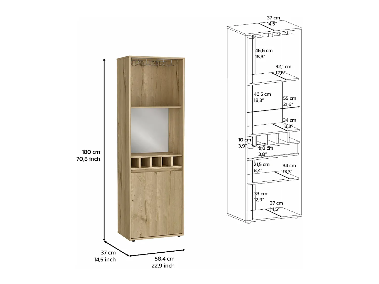 Armário bar em melamina Prana com 4 prateleiras, 2 portas, 4 suportes para garrafas e 6 suportes para copos, bege, 180 cm X 58.4 cm X 37 cm