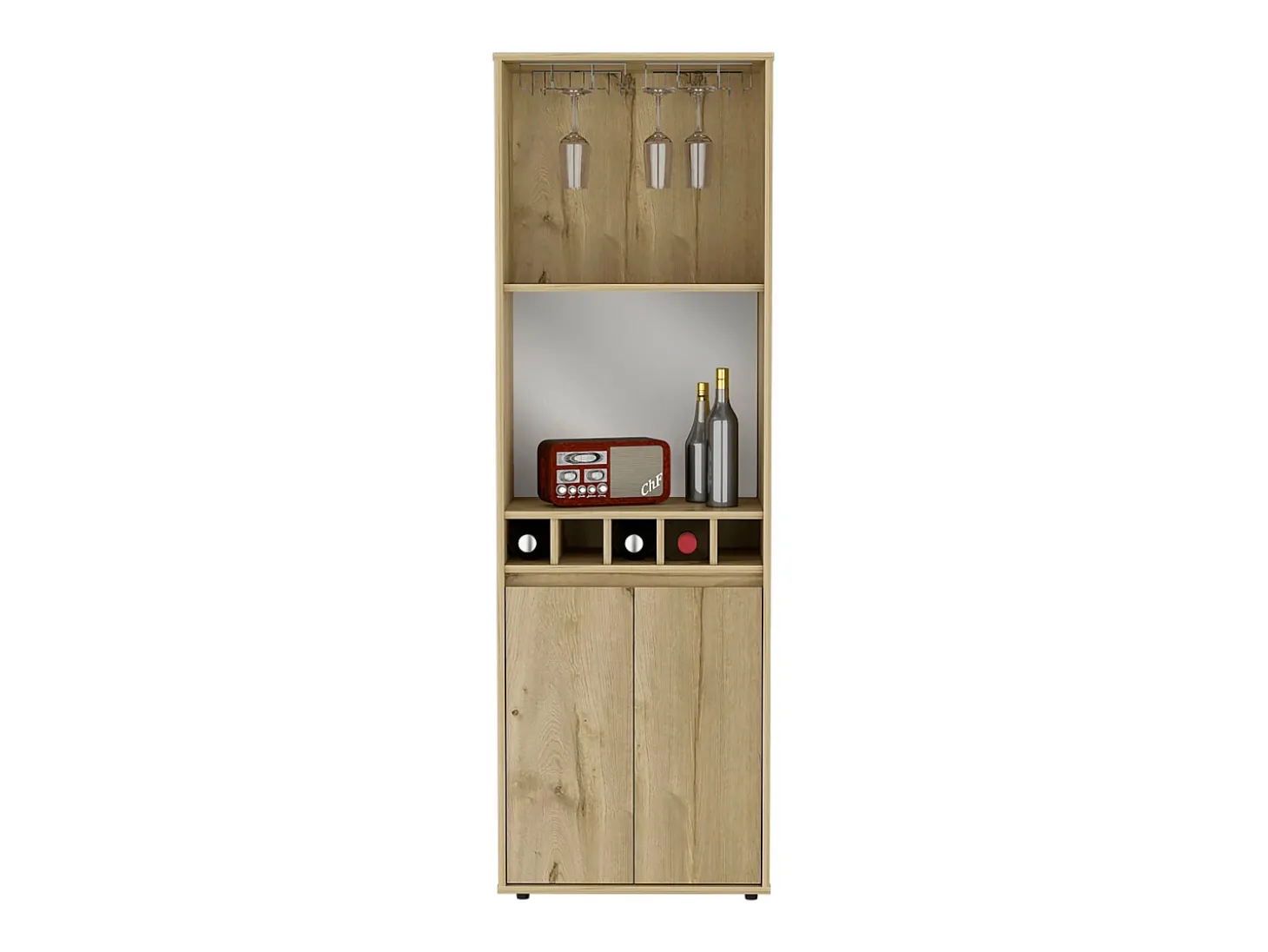 Armário bar em melamina Prana com 4 prateleiras, 2 portas, 4 suportes para garrafas e 6 suportes para copos, bege, 180 cm X 58.4 cm X 37 cm