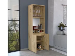 Armário bar em melamina Prana com 4 prateleiras, 2 portas, 4 suportes para garrafas e 6 suportes para copos, bege, 180 cm X 58.4 cm X 37 cm