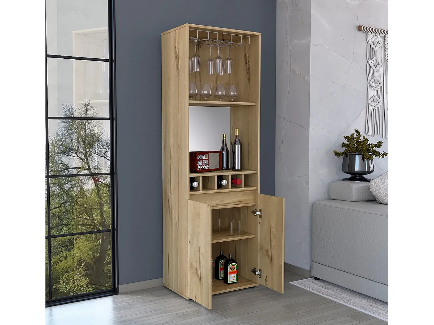 Armário bar em melamina Prana com 4 prateleiras, 2 portas, 4 suportes para garrafas e 6 suportes para copos, bege, 180 cm X 58.4 cm X 37 cm