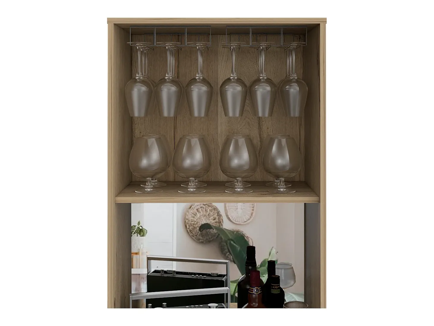 Armário bar em melamina Prana com 4 prateleiras, 2 portas, 4 suportes para garrafas e 6 suportes para copos, bege, 180 cm X 58.4 cm X 37 cm