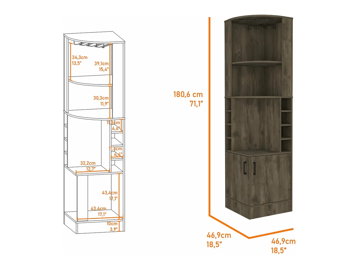 Armário bar em melamina Syrah com 4 prateleiras, 2 portas, 4 suportes para copos e 4 suportes para copos, castanho, 180.6 cm X 46.9 cm X 46.9 cm