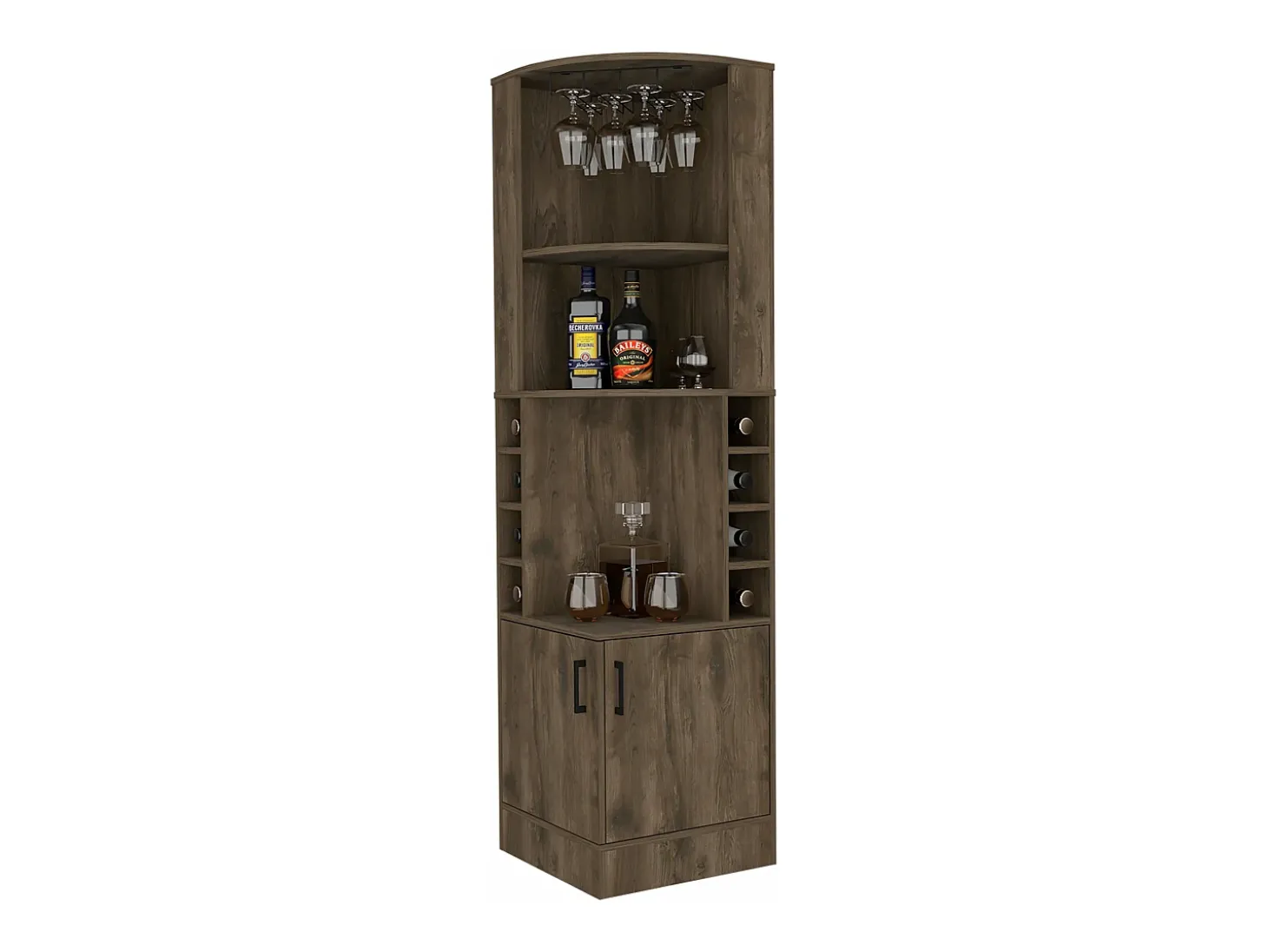 Armário bar em melamina Syrah com 4 prateleiras, 2 portas, 4 suportes para copos e 4 suportes para copos, castanho, 180.6 cm X 46.9 cm X 46.9 cm