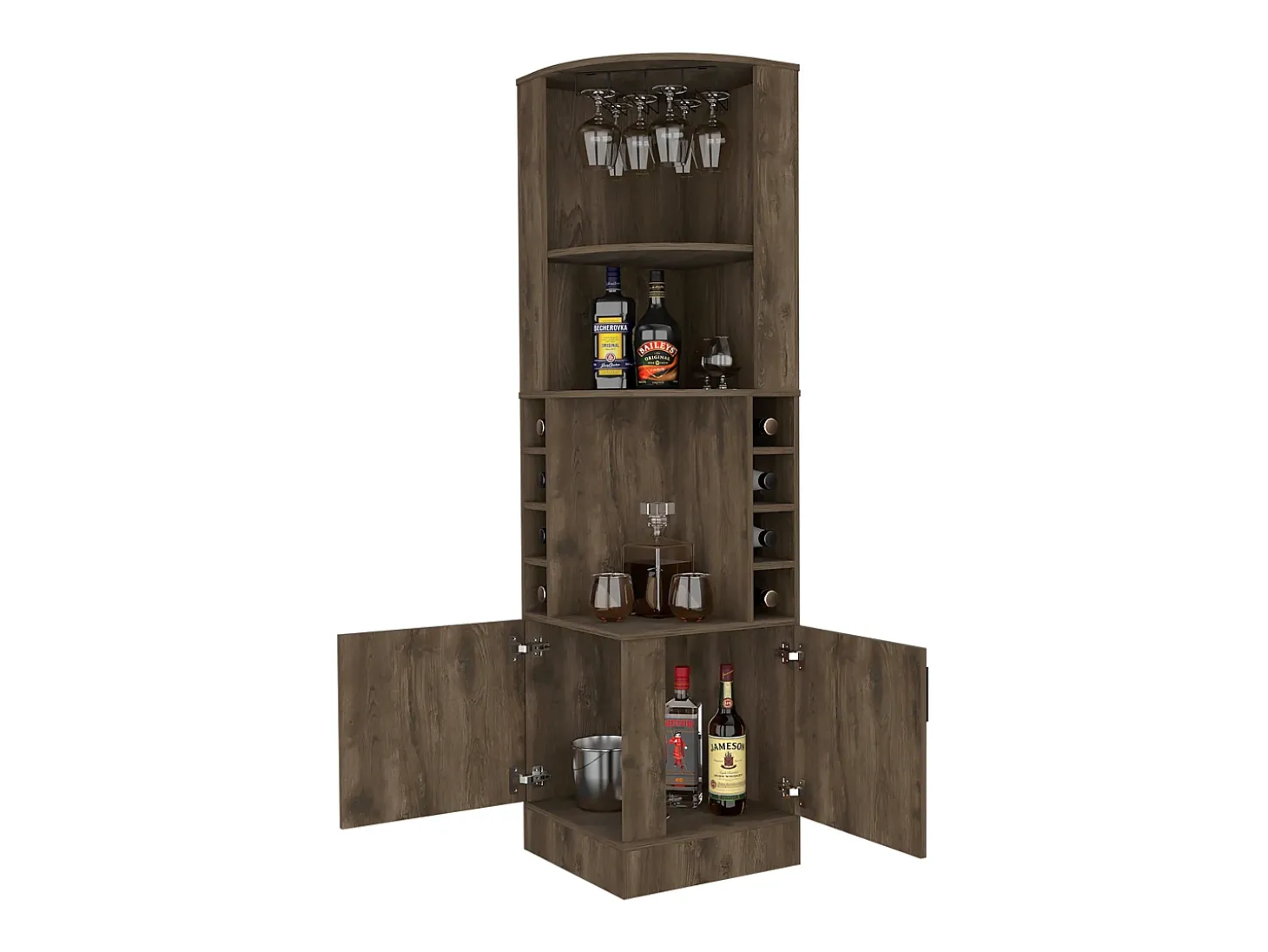 Armário bar em melamina Syrah com 4 prateleiras, 2 portas, 4 suportes para copos e 4 suportes para copos, castanho, 180.6 cm X 46.9 cm X 46.9 cm