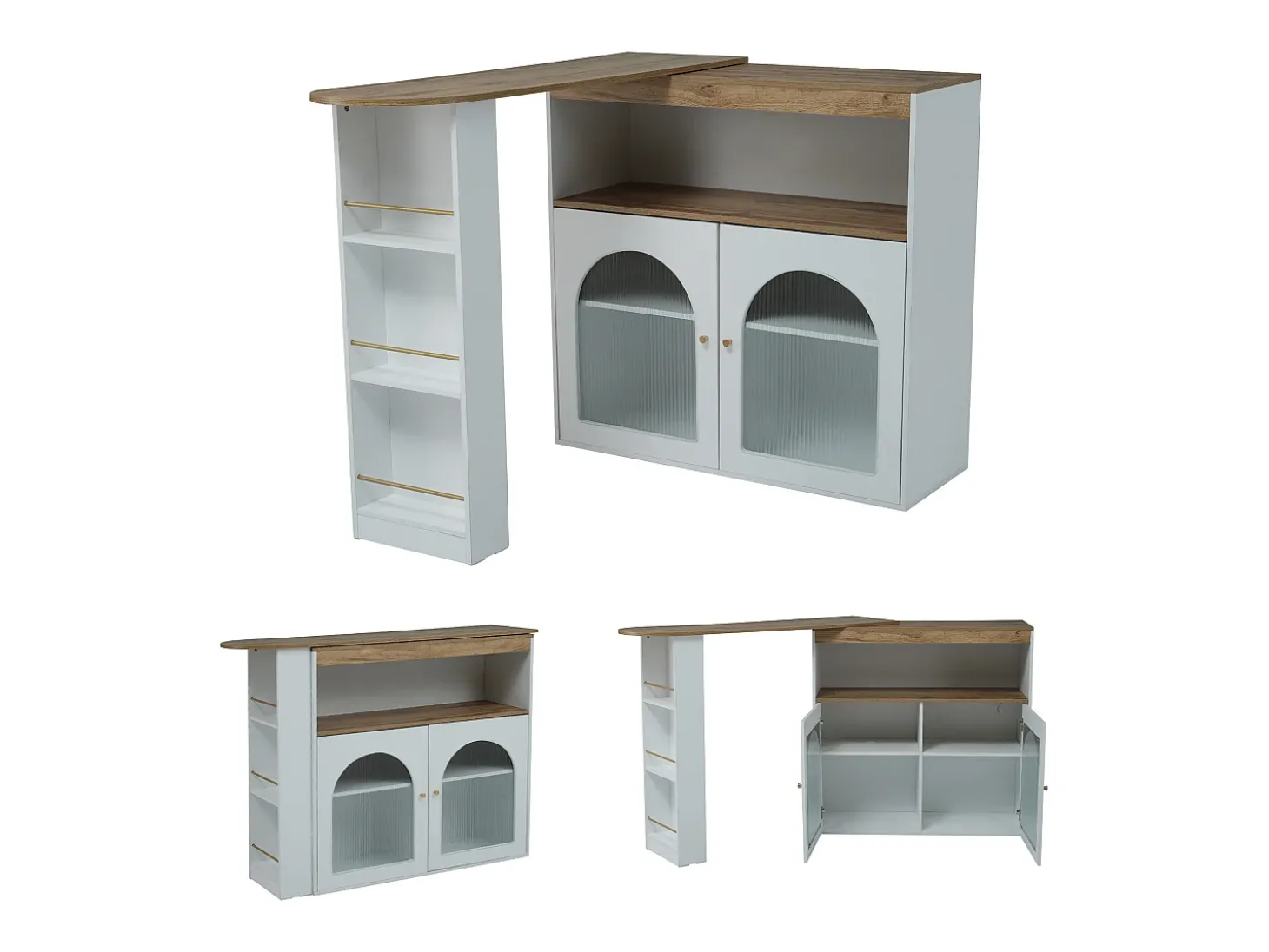 Armário bar giratório - 2 portas, 3 prateleiras de armazenamento e nicho - Tampo com efeito madeira MDF - LEDs - Natural e branco