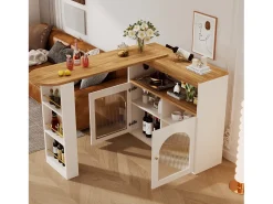 Armário bar giratório - 2 portas, 3 prateleiras de armazenamento e nicho - Tampo com efeito madeira MDF - LEDs - Natural e branco