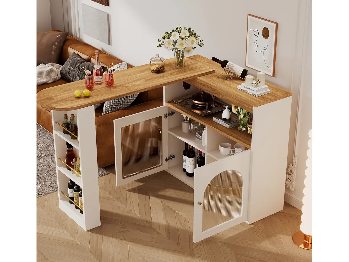 Armário bar giratório - 2 portas, 3 prateleiras de armazenamento e nicho - Tampo com efeito madeira MDF - LEDs - Natural e branco
