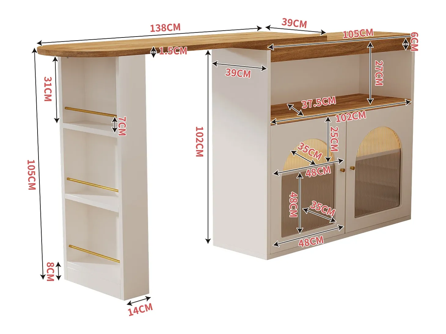 Armário bar giratório - 2 portas, 3 prateleiras de armazenamento e nicho - Tampo com efeito madeira MDF - LEDs - Natural e branco