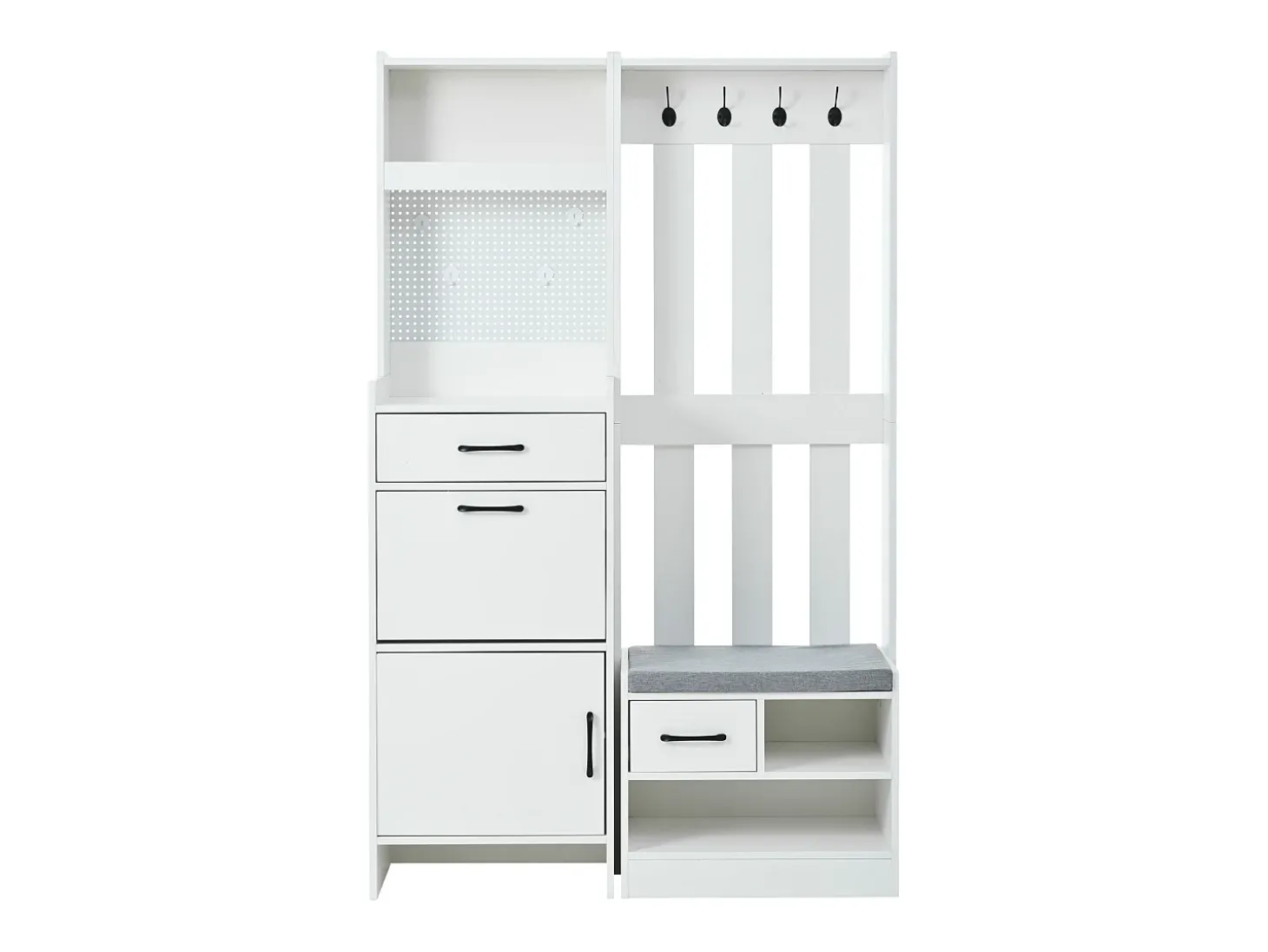 Armário branco com 2 gavetas, 2 portas, banco e ganchos, painel perfurado 110x35x175,5cm