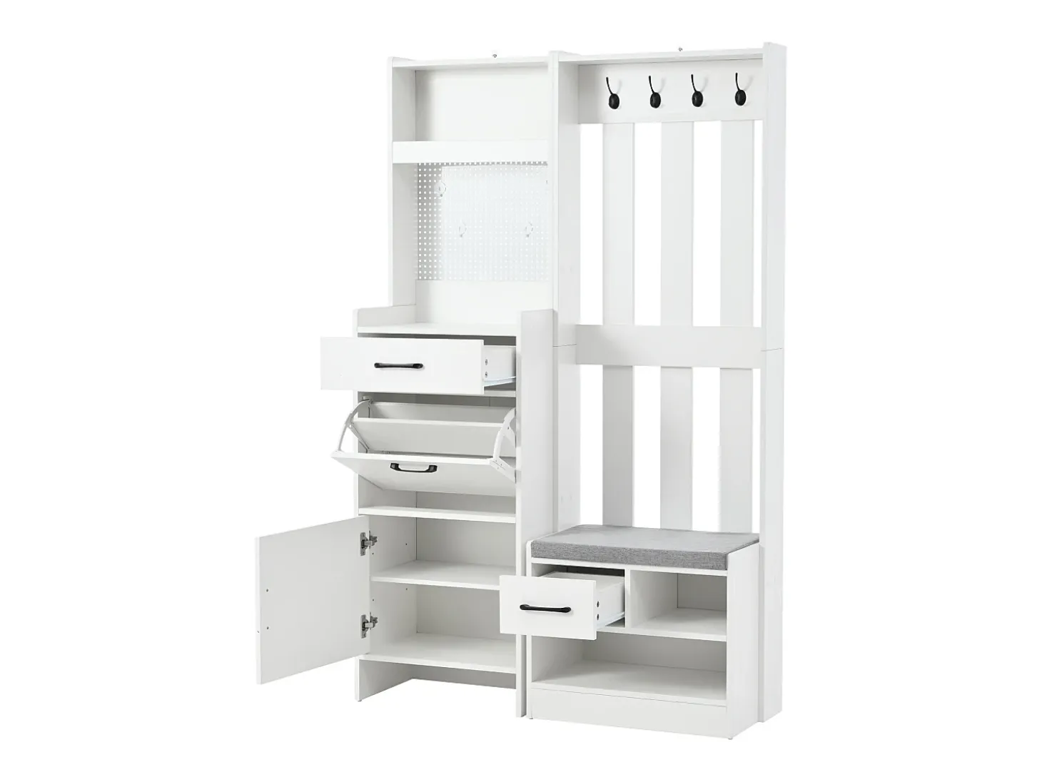 Armário branco com 2 gavetas, 2 portas, banco e ganchos, painel perfurado 110x35x175,5cm