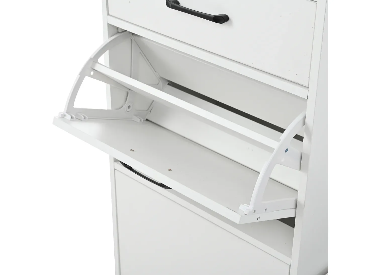 Armário branco com 2 gavetas, 2 portas, banco e ganchos, painel perfurado 110x35x175,5cm