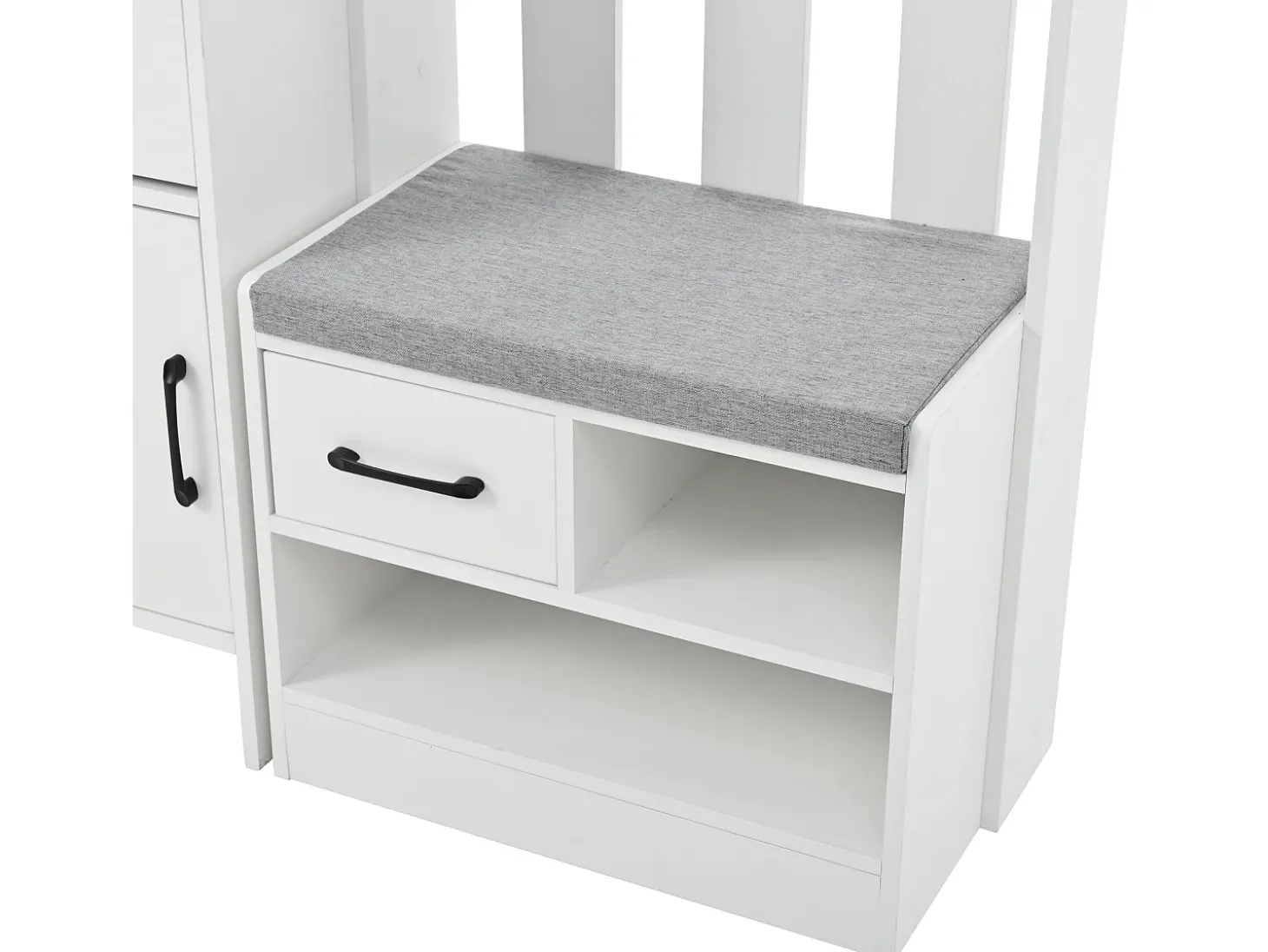 Armário branco com 2 gavetas, 2 portas, banco e ganchos, painel perfurado 110x35x175,5cm