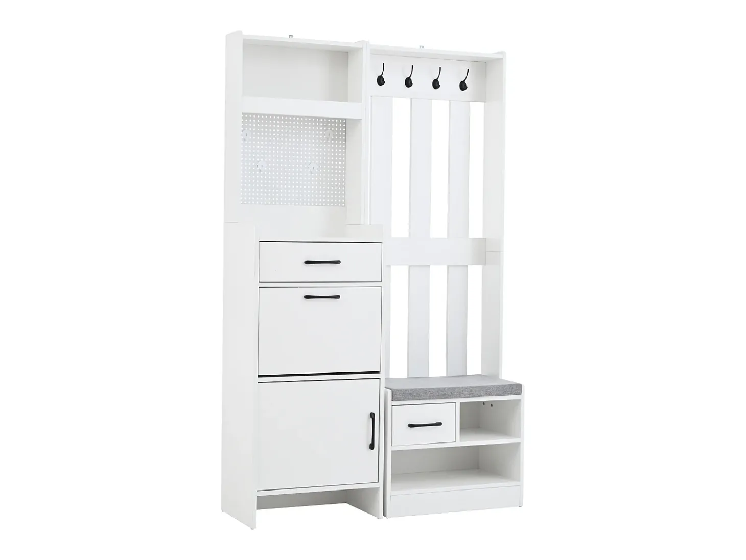 Armário branco com 2 gavetas, 2 portas, banco e ganchos, painel perfurado 110x35x175,5cm