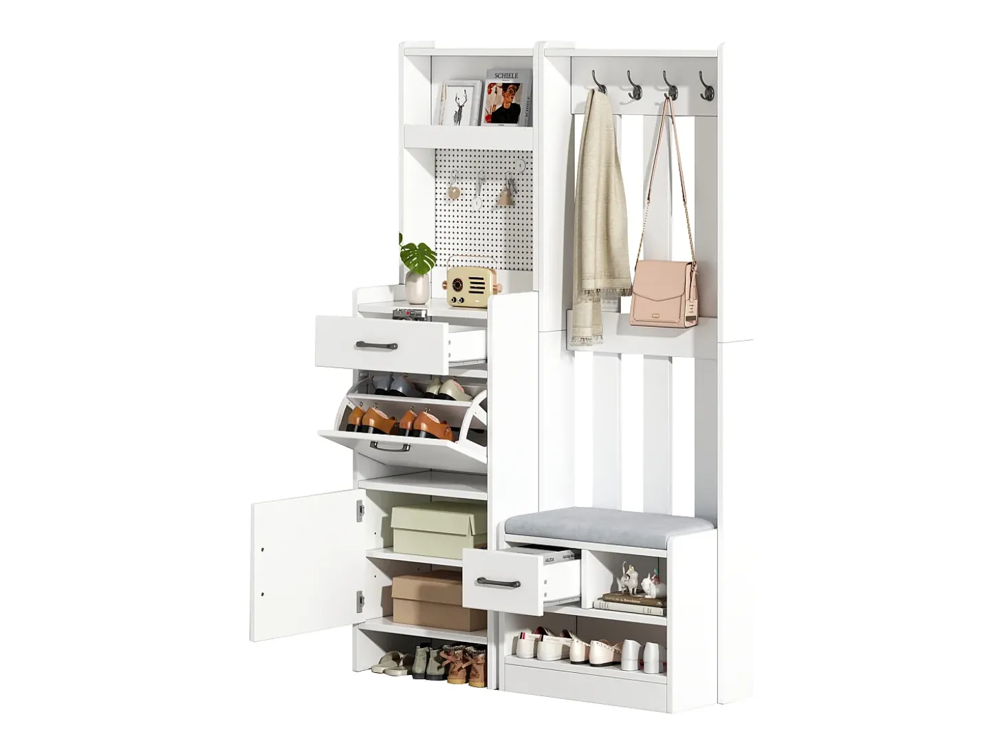Armário branco com 2 gavetas, 2 portas, banco e ganchos, painel perfurado 110x35x175,5cm