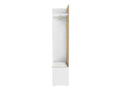 Armário com iluminação LED, espelho, 3 portas, 6 ganchos dourados e banco - Branco e madeira