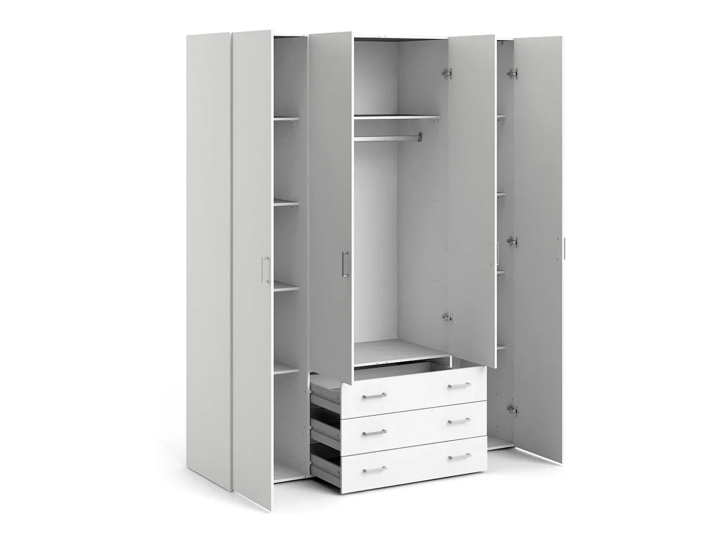 Armário com quatro portas e três gavetas, cor branco, mede 154 x 200 x 49 cm