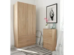 Armário Darest, Armário de quarto com 2 portas e 2 gavetas, Móveis de quarto com barra suspensa, 81x52h180 cm, Carvalho