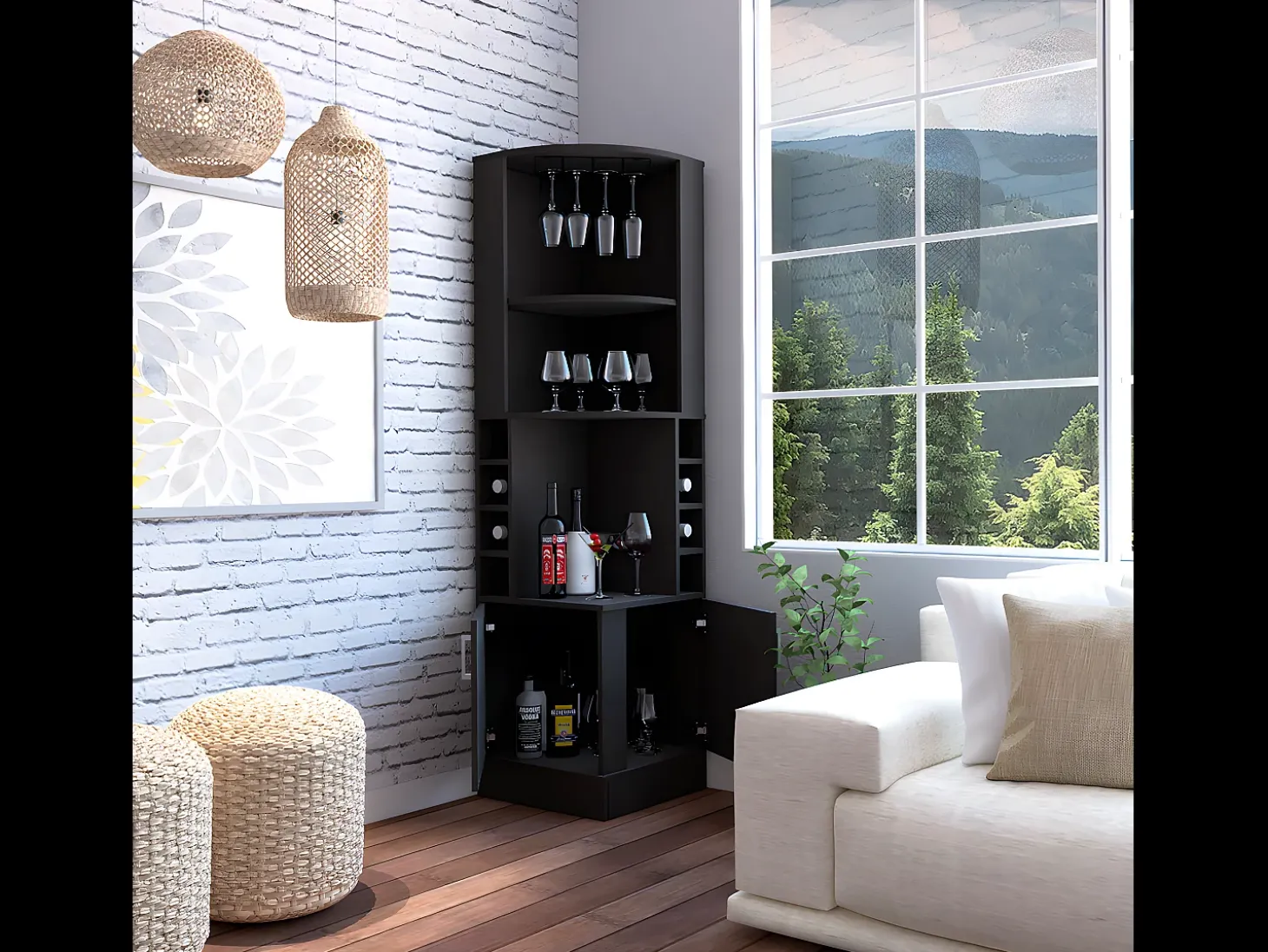 Armário de bar de canto Kava Beijing com prateleiras para garrafas , 180.6 cm X 46.9 cm X 46.9 cm , Preto