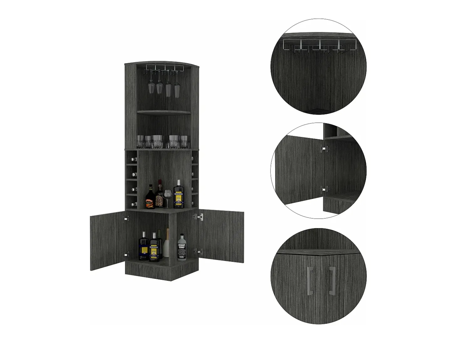 Armário de bar de canto Syrah com suporte para copos, 180.59 cm X 46.73 cm X 46.73 cm , castanho