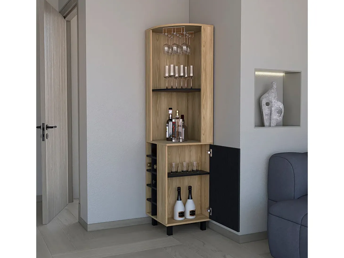 Armário de bar em melamina Kaia com 3 prateleiras, 9 suportes para copos, 10 suportes para garrafas, multicolor, 180 cm X 45 cm X 45 cm X 45 cm