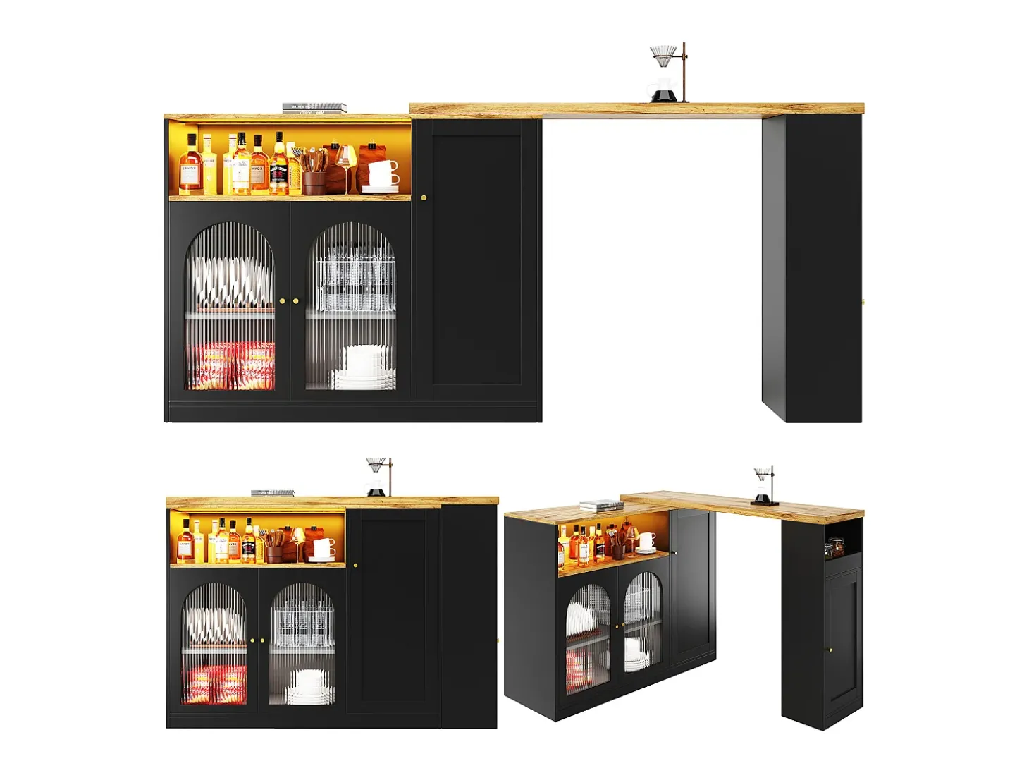 Armário de bar giratório - 4 portas e prateleiras de armazenamento - LEDs - Madeira MDF - Preto e Natural