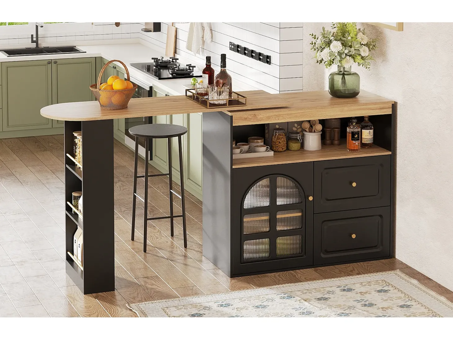 Armário de bar giratório - 204 x 39 x 104 cm - com 2 gavetas + 1 porta + 3 prateleiras para lanches - MDF - preto