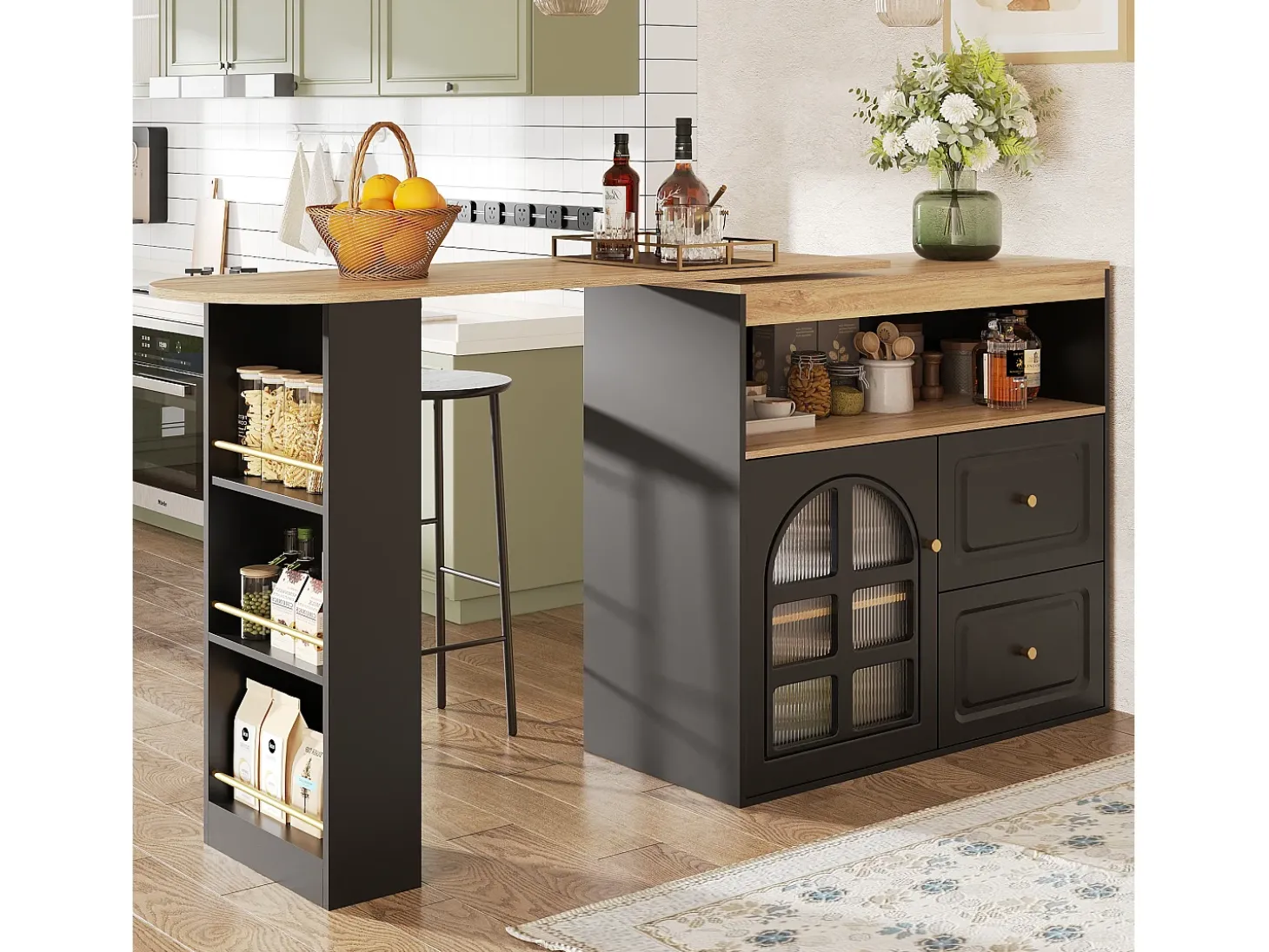 Armário de bar giratório - 204 x 39 x 104 cm - com 2 gavetas + 1 porta + 3 prateleiras para lanches - MDF - preto