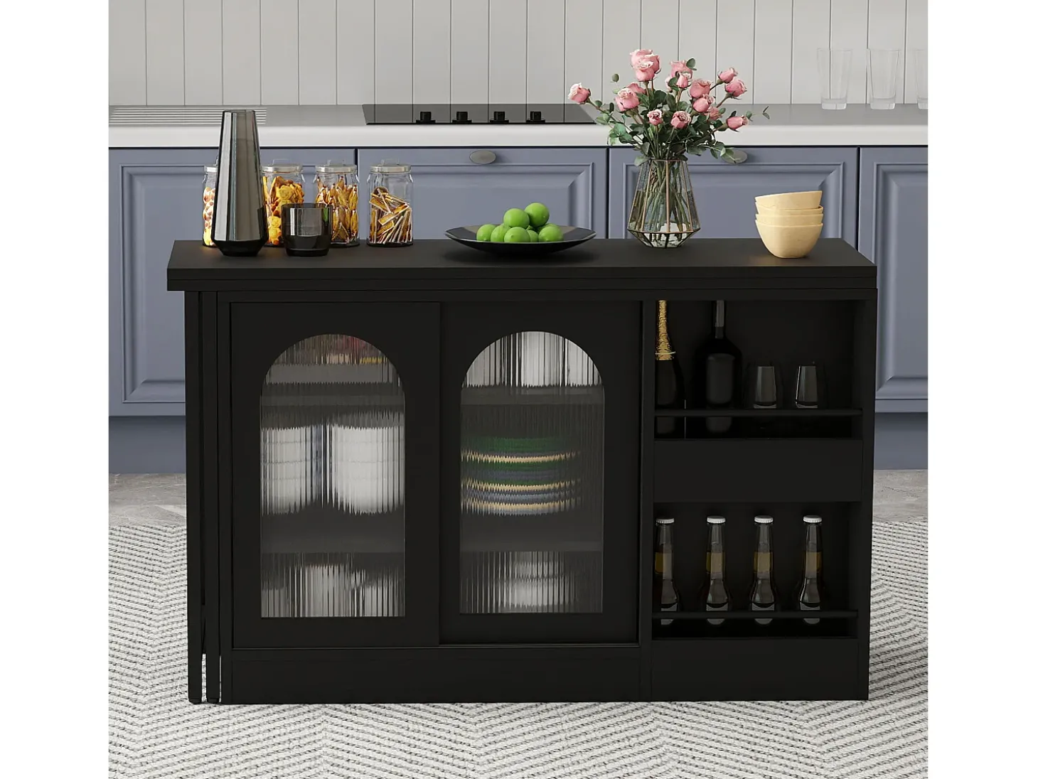 Armário de bar giratório preto - Mesa de bar com 2 portas de vidro e 2 compartimentos de arrumação abertos - tampo giratório