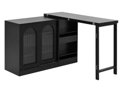 Armário de bar giratório preto - Mesa de bar com 2 portas de vidro e 2 compartimentos de arrumação abertos - tampo giratório