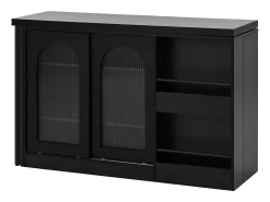 Armário de bar giratório preto - Mesa de bar com 2 portas de vidro e 2 compartimentos de arrumação abertos - tampo giratório