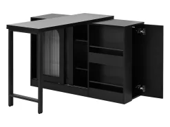 Armário de bar giratório preto - Mesa de bar com 2 portas de vidro e 2 compartimentos de arrumação abertos - tampo giratório