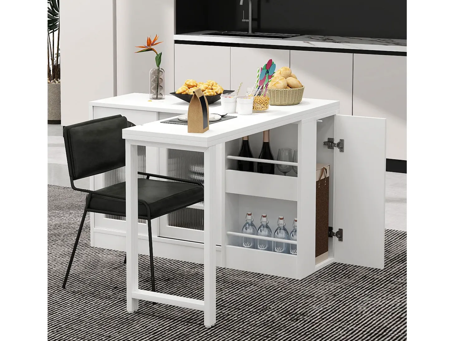 Armário de bar giratório preto - Mesa de bar com 2 portas de vidro e 2 compartimentos de arrumação abertos - tampo giratório