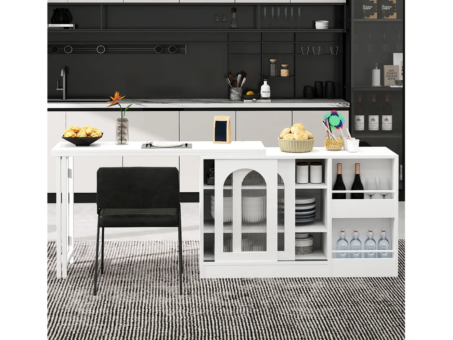 Armário de bar giratório preto - Mesa de bar com 2 portas de vidro e 2 compartimentos de arrumação abertos - tampo giratório