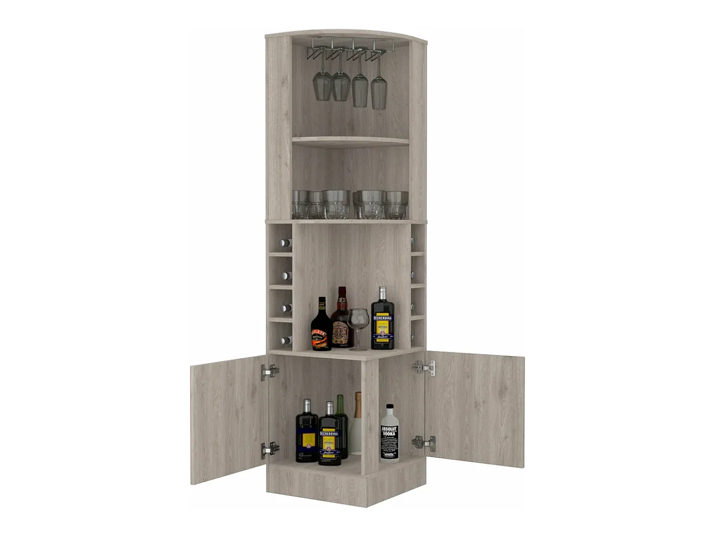 Armário de canto Syrah, com suporte para copos , 180.59 cm X 46.73 cm X 46.73 cm , Cinzento / prateado